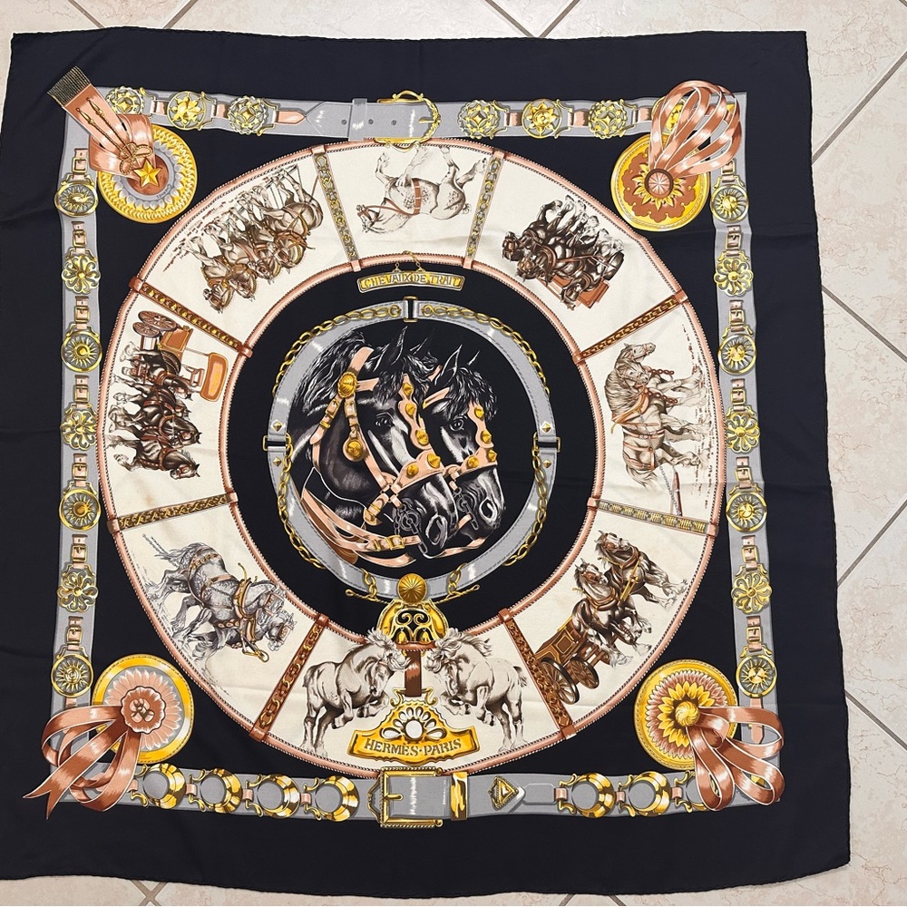 Hermes Black and Gold Equestrian Scarf